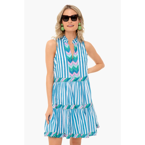 OLIPHANT Tuckernuck Playa Blue Striped Yoke Mini Dress Flirty Flare Cotton XL - Picture 3 of 14